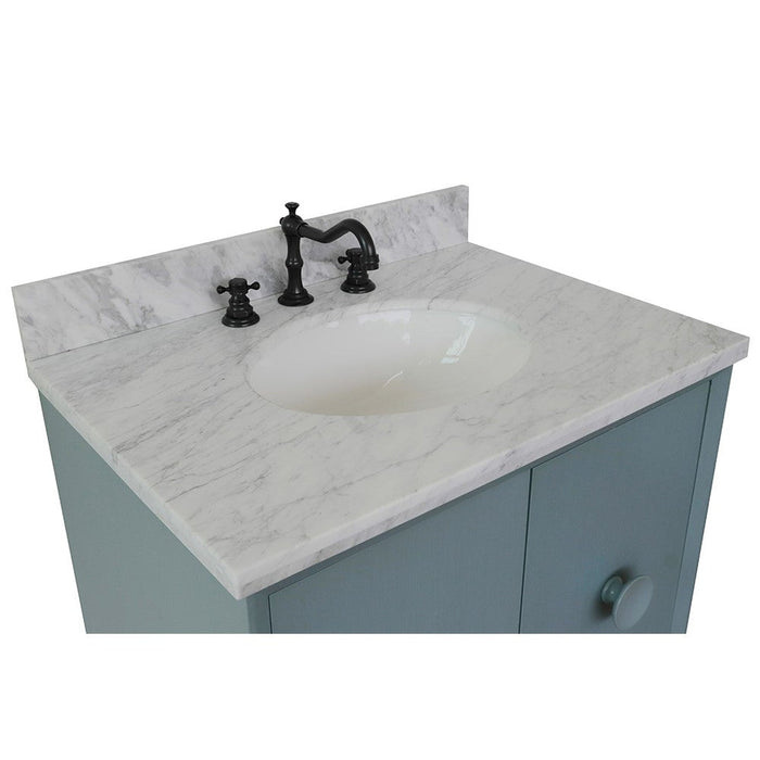 Bellaterra Home Stora 31" 2-Door 1-Drawer Aqua Blue Freestanding Vanity Set With Ceramic Undermount Oval Sink and White Carrara Marble Top - Luxe Vanity & Tub