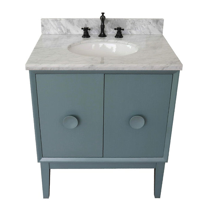 Bellaterra Home Stora 31" 2-Door 1-Drawer Aqua Blue Freestanding Vanity Set With Ceramic Undermount Oval Sink and White Carrara Marble Top - Luxe Vanity & Tub