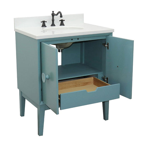 Bellaterra Home Stora 31" 2-Door 1-Drawer Aqua Blue Freestanding Vanity Set With Ceramic Undermount Oval Sink and White Quartz Top - Luxe Vanity & Tub