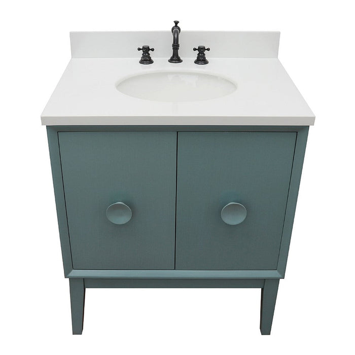 Bellaterra Home Stora 31" 2-Door 1-Drawer Aqua Blue Freestanding Vanity Set With Ceramic Undermount Oval Sink and White Quartz Top - Luxe Vanity & Tub