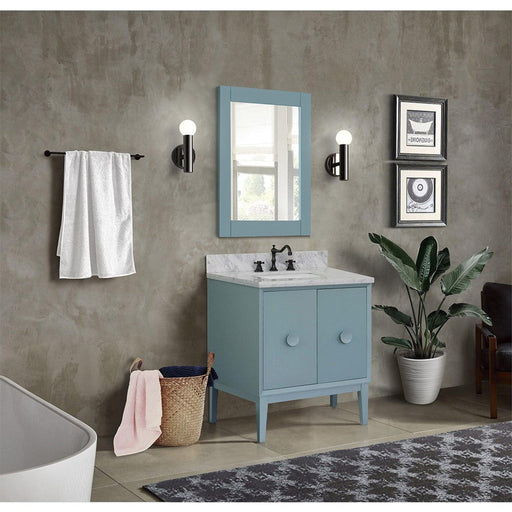 Bellaterra Home Stora 31" 2-Door 1-Drawer Aqua Blue Freestanding Vanity Set With Ceramic Undermount Rectangular Sink and White Carrara Marble Top