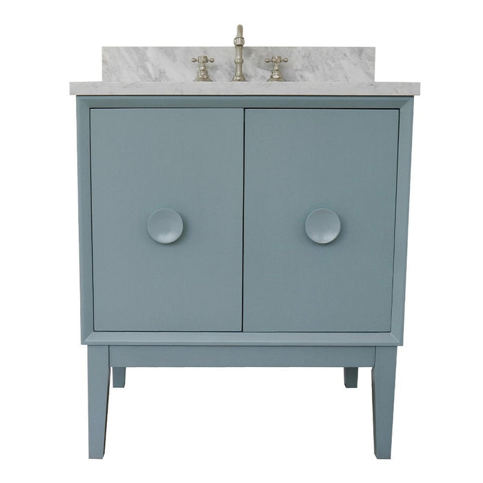 Bellaterra Home Stora 31" 2-Door 1-Drawer Aqua Blue Freestanding Vanity Set With Ceramic Undermount Rectangular Sink and White Carrara Marble Top - Luxe Vanity & Tub