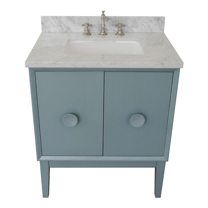 Bellaterra Home Stora 31" 2-Door 1-Drawer Aqua Blue Freestanding Vanity Set With Ceramic Undermount Rectangular Sink and White Carrara Marble Top - Luxe Vanity & Tub