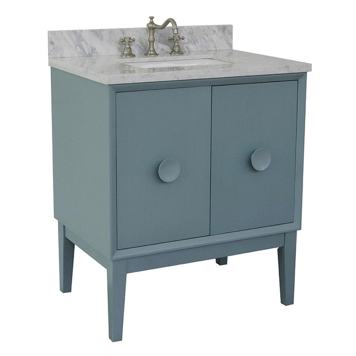 Bellaterra Home Stora 31" 2-Door 1-Drawer Aqua Blue Freestanding Vanity Set With Ceramic Undermount Rectangular Sink and White Carrara Marble Top - Luxe Vanity & Tub