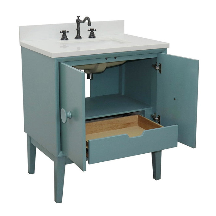 Bellaterra Home Stora 31" 2-Door 1-Drawer Aqua Blue Freestanding Vanity Set With Ceramic Undermount Rectangular Sink and White Quartz Top - Luxe Vanity & Tub