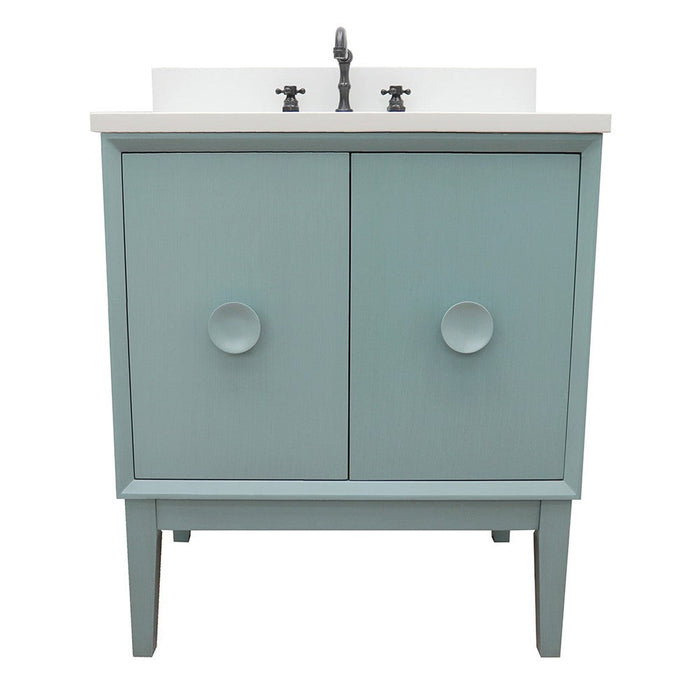 Bellaterra Home Stora 31" 2-Door 1-Drawer Aqua Blue Freestanding Vanity Set With Ceramic Undermount Rectangular Sink and White Quartz Top - Luxe Vanity & Tub