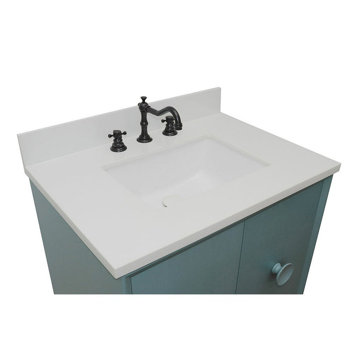 Bellaterra Home Stora 31" 2-Door 1-Drawer Aqua Blue Freestanding Vanity Set With Ceramic Undermount Rectangular Sink and White Quartz Top - Luxe Vanity & Tub