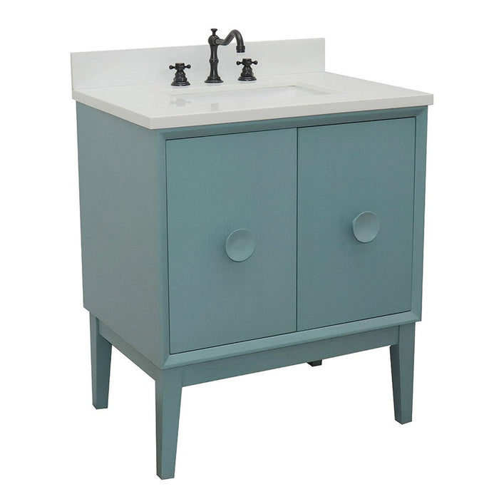 Bellaterra Home Stora 31" 2-Door 1-Drawer Aqua Blue Freestanding Vanity Set With Ceramic Undermount Rectangular Sink and White Quartz Top - Luxe Vanity & Tub