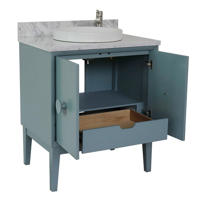 Bellaterra Home Stora 31" 2-Door 1-Drawer Aqua Blue Freestanding Vanity Set With Ceramic Vessel Sink and White Carrara Marble Top - Luxe Vanity & Tub