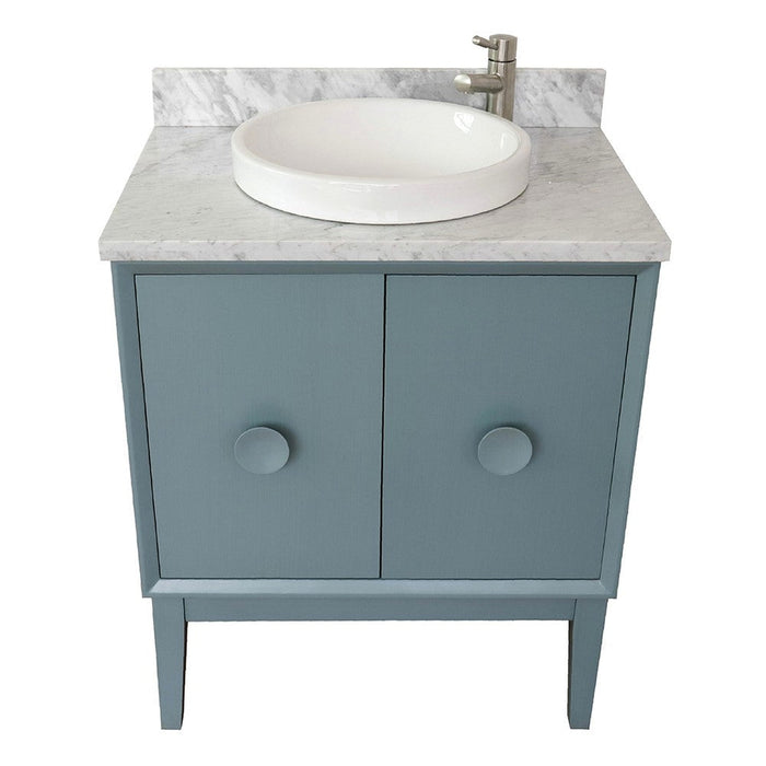 Bellaterra Home Stora 31" 2-Door 1-Drawer Aqua Blue Freestanding Vanity Set With Ceramic Vessel Sink and White Carrara Marble Top - Luxe Vanity & Tub