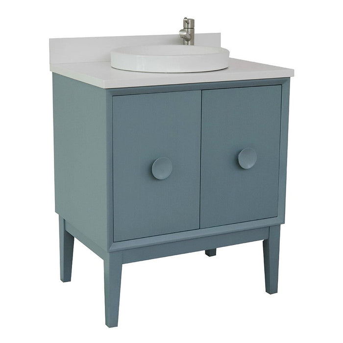 Bellaterra Home Stora 31" 2-Door 1-Drawer Aqua Blue Freestanding Vanity Set With Ceramic Vessel Sink and White Quartz Top - Luxe Vanity & Tub