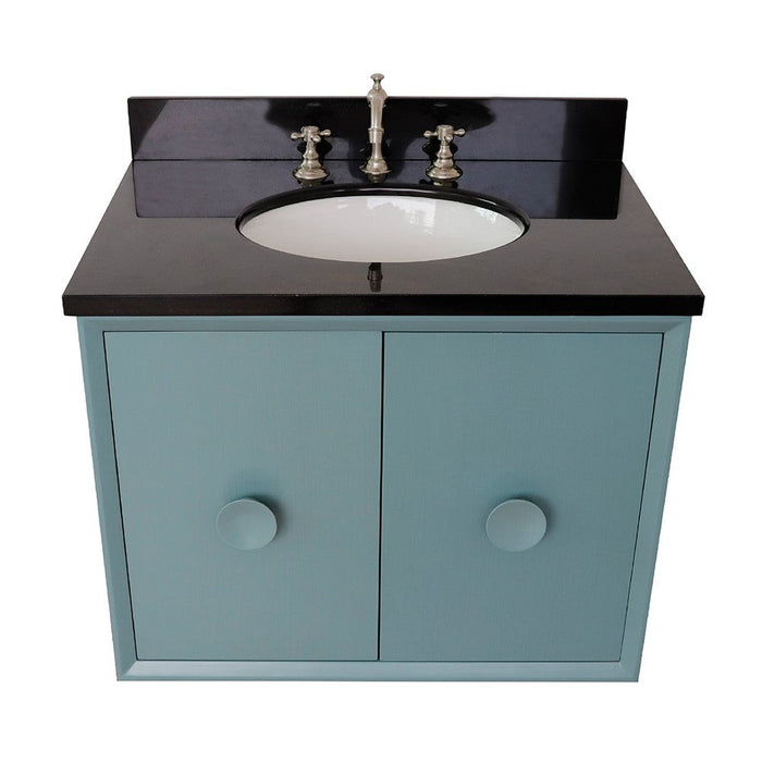 Bellaterra Home Stora 31" 2-Door 1-Drawer Aqua Blue Wall-Mount Vanity Set With Ceramic Undermount Oval Sink and Black Galaxy Top - Luxe Vanity & Tub