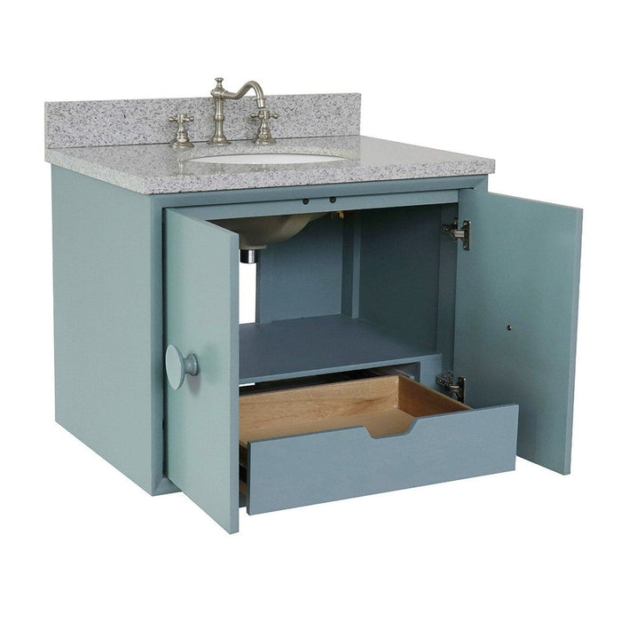 Bellaterra Home Stora 31" 2-Door 1-Drawer Aqua Blue Wall-Mount Vanity Set With Ceramic Undermount Oval Sink and Gray Granite Top - Luxe Vanity & Tub