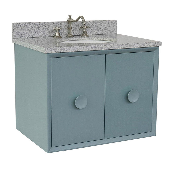 Bellaterra Home Stora 31" 2-Door 1-Drawer Aqua Blue Wall-Mount Vanity Set With Ceramic Undermount Oval Sink and Gray Granite Top - Luxe Vanity & Tub