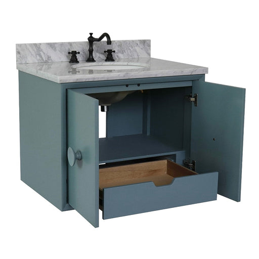 Bellaterra Home Stora 31" 2-Door 1-Drawer Aqua Blue Wall-Mount Vanity Set With Ceramic Undermount Oval Sink and White Carrara Marble Top - Luxe Vanity & Tub