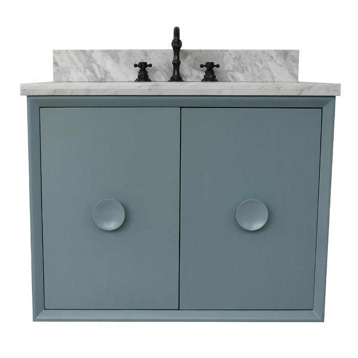 Bellaterra Home Stora 31" 2-Door 1-Drawer Aqua Blue Wall-Mount Vanity Set With Ceramic Undermount Oval Sink and White Carrara Marble Top - Luxe Vanity & Tub