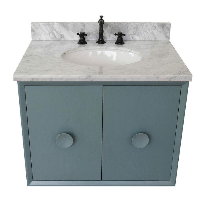 Bellaterra Home Stora 31" 2-Door 1-Drawer Aqua Blue Wall-Mount Vanity Set With Ceramic Undermount Oval Sink and White Carrara Marble Top - Luxe Vanity & Tub