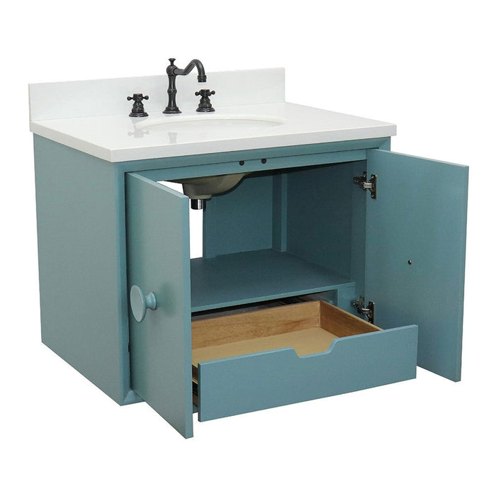 Bellaterra Home Stora 31" 2-Door 1-Drawer Aqua Blue Wall-Mount Vanity Set With Ceramic Undermount Oval Sink and White Quartz Top - Luxe Vanity & Tub