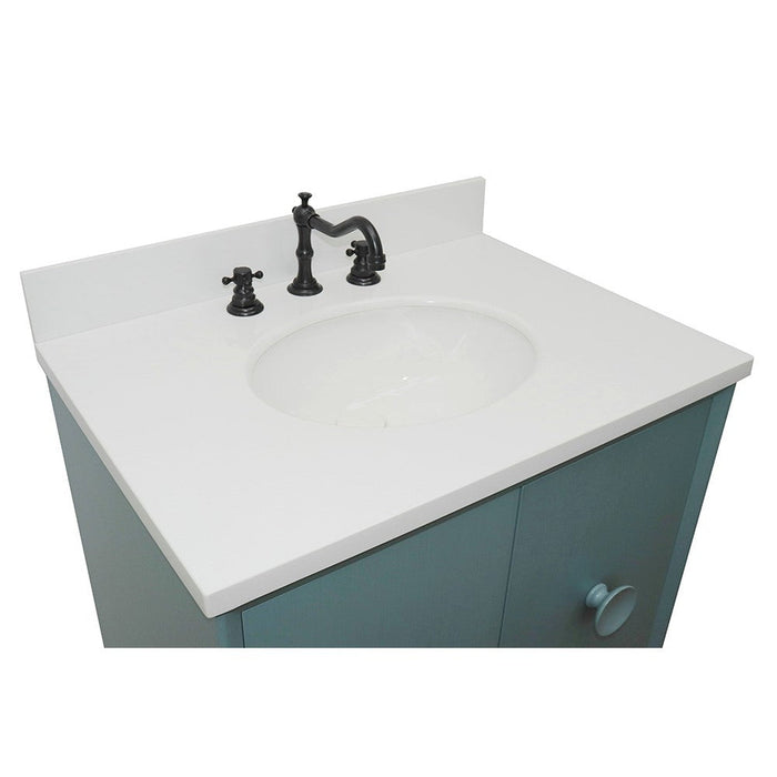 Bellaterra Home Stora 31" 2-Door 1-Drawer Aqua Blue Wall-Mount Vanity Set With Ceramic Undermount Oval Sink and White Quartz Top - Luxe Vanity & Tub