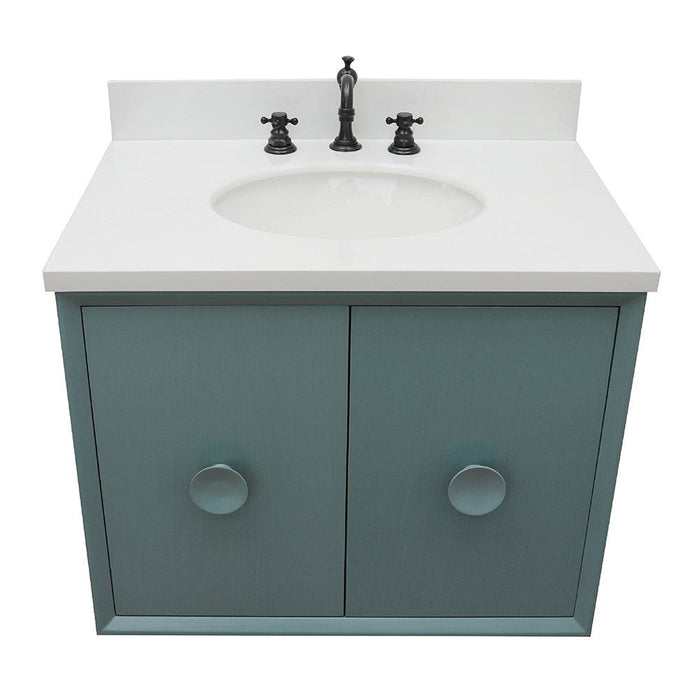 Bellaterra Home Stora 31" 2-Door 1-Drawer Aqua Blue Wall-Mount Vanity Set With Ceramic Undermount Oval Sink and White Quartz Top - Luxe Vanity & Tub