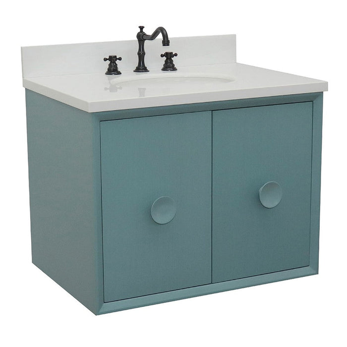 Bellaterra Home Stora 31" 2-Door 1-Drawer Aqua Blue Wall-Mount Vanity Set With Ceramic Undermount Oval Sink and White Quartz Top - Luxe Vanity & Tub