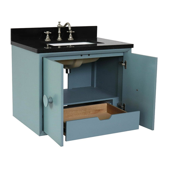 Bellaterra Home Stora 31" 2-Door 1-Drawer Aqua Blue Wall-Mount Vanity Set With Ceramic Undermount Rectangular Sink and Black Galaxy Top - Luxe Vanity & Tub