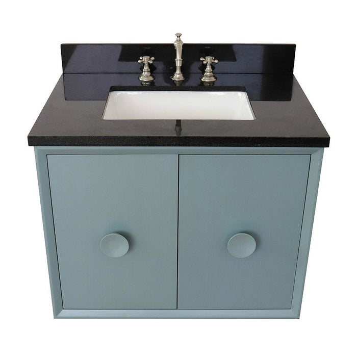 Bellaterra Home Stora 31" 2-Door 1-Drawer Aqua Blue Wall-Mount Vanity Set With Ceramic Undermount Rectangular Sink and Black Galaxy Top - Luxe Vanity & Tub