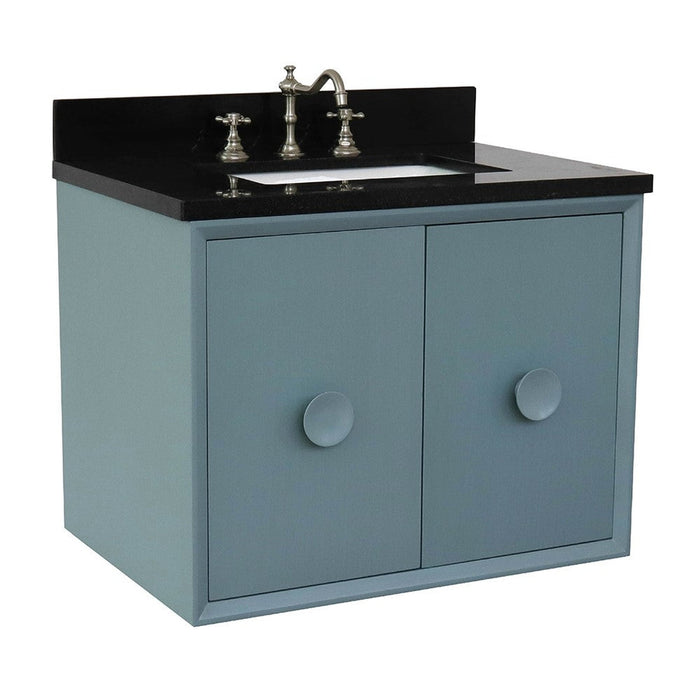 Bellaterra Home Stora 31" 2-Door 1-Drawer Aqua Blue Wall-Mount Vanity Set With Ceramic Undermount Rectangular Sink and Black Galaxy Top - Luxe Vanity & Tub