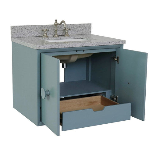 Bellaterra Home Stora 31" 2-Door 1-Drawer Aqua Blue Wall-Mount Vanity Set With Ceramic Undermount Rectangular Sink and Gray Granite Top - Luxe Vanity & Tub