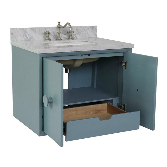 Bellaterra Home Stora 31" 2-Door 1-Drawer Aqua Blue Wall-Mount Vanity Set With Ceramic Undermount Rectangular Sink and White Carrara Marble Top - Luxe Vanity & Tub