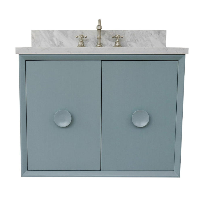 Bellaterra Home Stora 31" 2-Door 1-Drawer Aqua Blue Wall-Mount Vanity Set With Ceramic Undermount Rectangular Sink and White Carrara Marble Top - Luxe Vanity & Tub