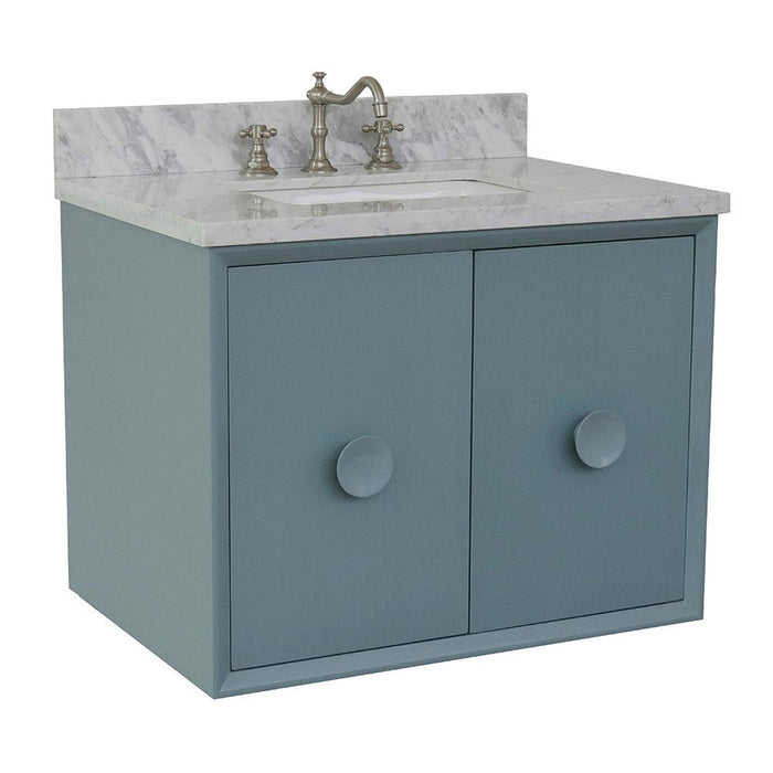 Bellaterra Home Stora 31" 2-Door 1-Drawer Aqua Blue Wall-Mount Vanity Set With Ceramic Undermount Rectangular Sink and White Carrara Marble Top - Luxe Vanity & Tub