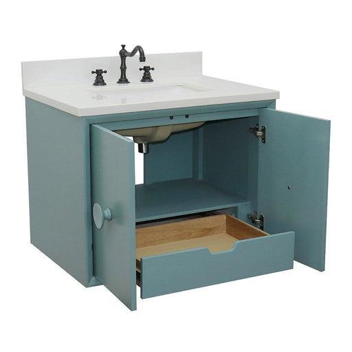 Bellaterra Home Stora 31" 2-Door 1-Drawer Aqua Blue Wall-Mount Vanity Set With Ceramic Undermount Rectangular Sink and White Quartz Top - Luxe Vanity & Tub