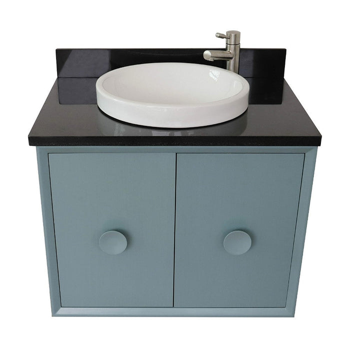 Bellaterra Home Stora 31" 2-Door 1-Drawer Aqua Blue Wall-Mount Vanity Set With Ceramic Vessel Sink and Black Galaxy Top - Luxe Vanity & Tub