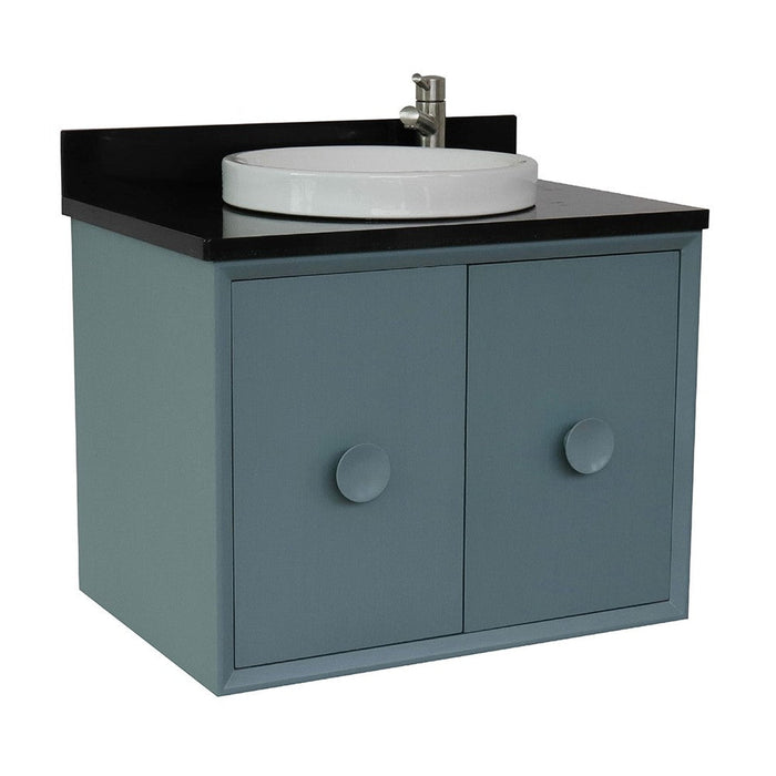 Bellaterra Home Stora 31" 2-Door 1-Drawer Aqua Blue Wall-Mount Vanity Set With Ceramic Vessel Sink and Black Galaxy Top - Luxe Vanity & Tub