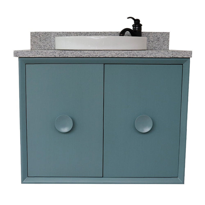 Bellaterra Home Stora 31" 2-Door 1-Drawer Aqua Blue Wall-Mount Vanity Set With Ceramic Vessel Sink and Gray Granite Top - Luxe Vanity & Tub