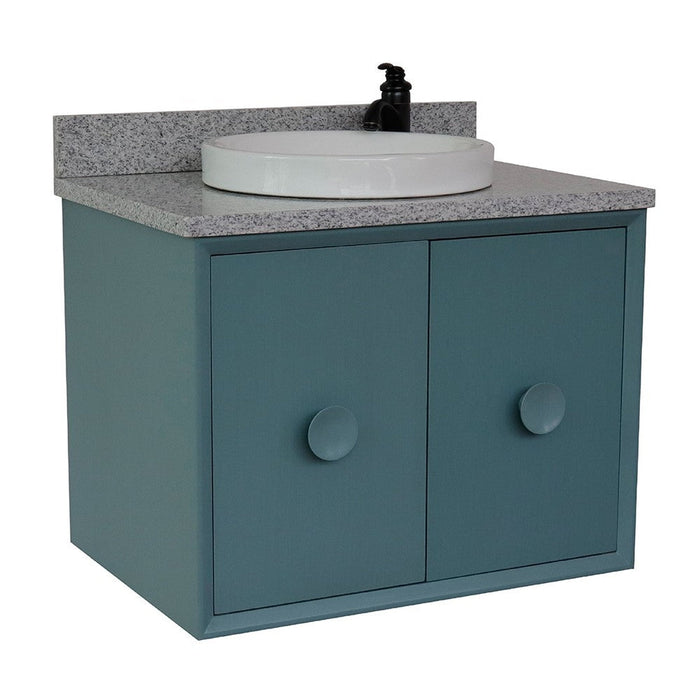 Bellaterra Home Stora 31" 2-Door 1-Drawer Aqua Blue Wall-Mount Vanity Set With Ceramic Vessel Sink and Gray Granite Top - Luxe Vanity & Tub