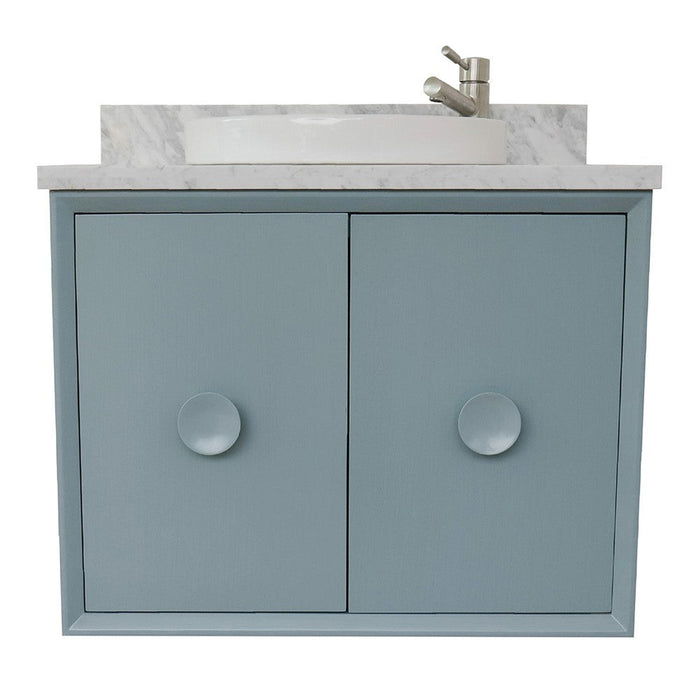 Bellaterra Home Stora 31" 2-Door 1-Drawer Aqua Blue Wall-Mount Vanity Set With Ceramic Vessel Sink and White Carrara Marble Top - Luxe Vanity & Tub