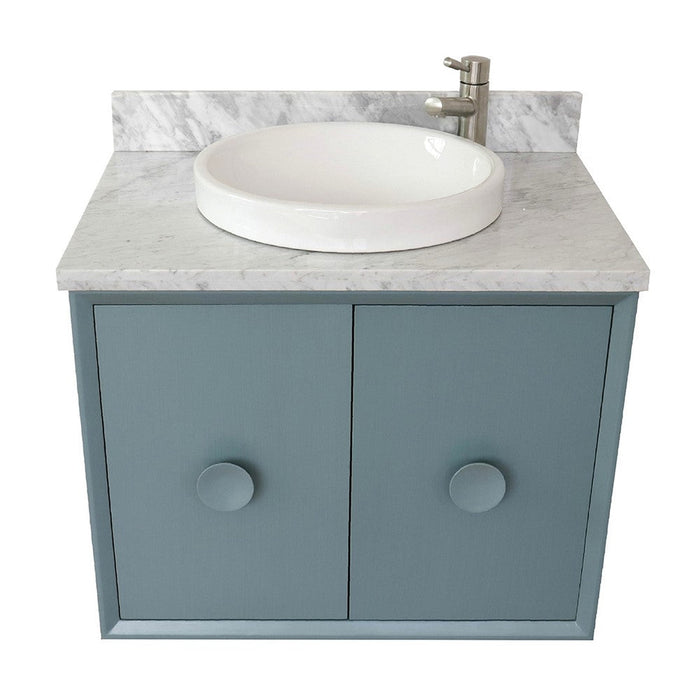 Bellaterra Home Stora 31" 2-Door 1-Drawer Aqua Blue Wall-Mount Vanity Set With Ceramic Vessel Sink and White Carrara Marble Top - Luxe Vanity & Tub