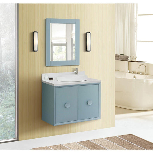 Bellaterra Home Stora 31" 2-Door 1-Drawer Aqua Blue Wall-Mount Vanity Set With Ceramic Vessel Sink and White Quartz Top