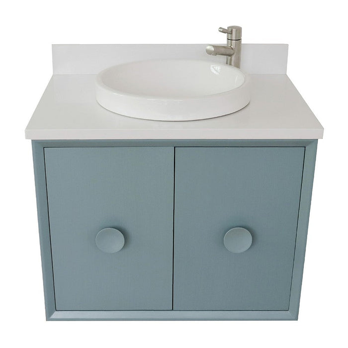 Bellaterra Home Stora 31" 2-Door 1-Drawer Aqua Blue Wall-Mount Vanity Set With Ceramic Vessel Sink and White Quartz Top - Luxe Vanity & Tub