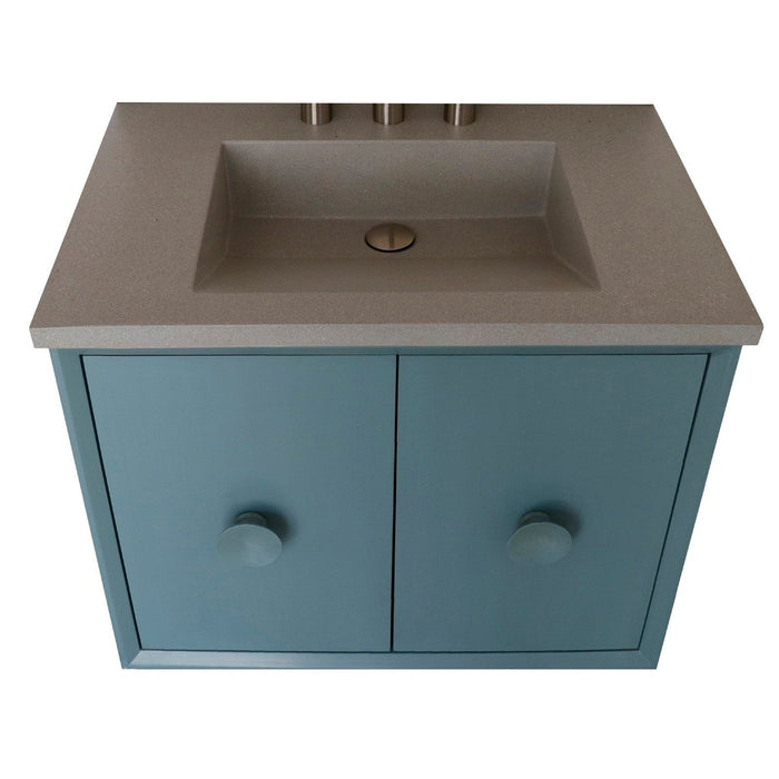 Bellaterra Home Stora 31" 2-Door 1-Drawer Aqua Blue Wall-Mount Vanity Set With Concrete Integrated Rectangular Ramp Sink and Gray Concrete Top - Luxe Vanity & Tub