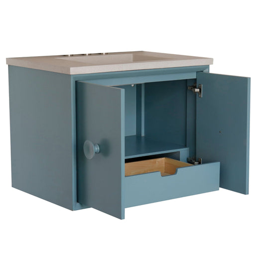 Bellaterra Home Stora 31" 2-Door 1-Drawer Aqua Blue Wall-Mount Vanity Set With Concrete Integrated Rectangular Ramp Sink and White Concrete Top - Luxe Vanity & Tub