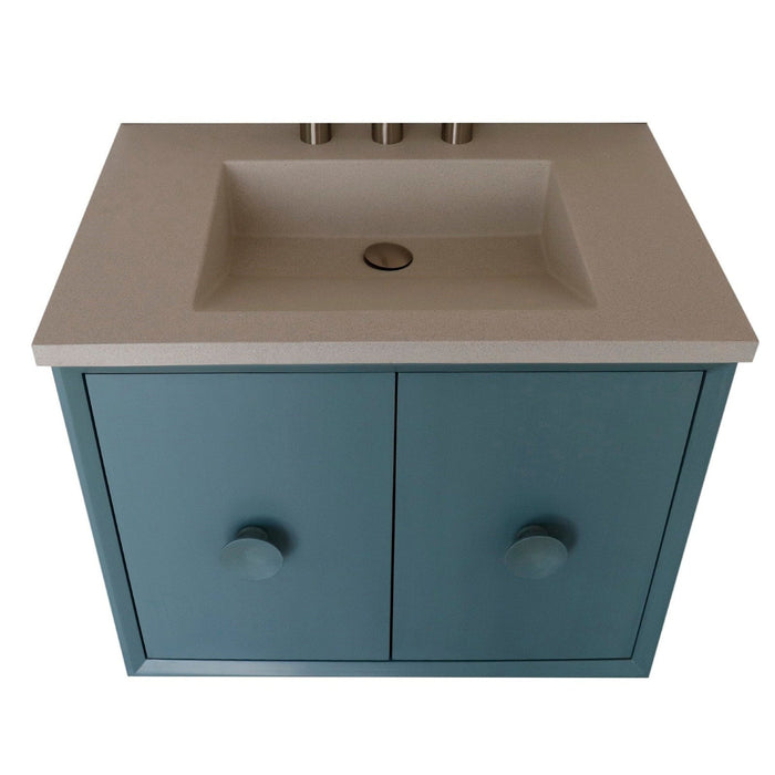 Bellaterra Home Stora 31" 2-Door 1-Drawer Aqua Blue Wall-Mount Vanity Set With Concrete Integrated Rectangular Ramp Sink and White Concrete Top - Luxe Vanity & Tub