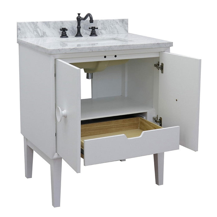 Bellaterra Home Stora 31" 2-Door 1-Drawer White Freestanding Vanity Set With Ceramic Undermount Rectangular Sink and White Carrara Marble Top - Luxe Vanity & Tub