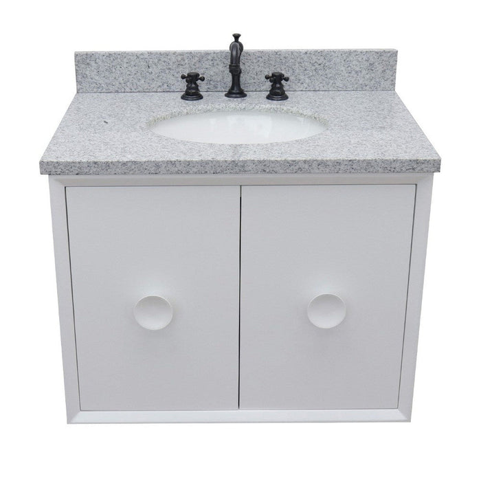 Bellaterra Home Stora 31" 2-Door 1-Drawer White Wall-Mount Vanity Set With Ceramic Undermount Oval Sink and Gray Granite Top - Luxe Vanity & Tub