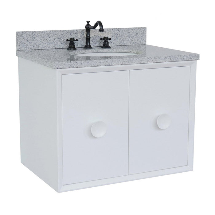 Bellaterra Home Stora 31" 2-Door 1-Drawer White Wall-Mount Vanity Set With Ceramic Undermount Oval Sink and Gray Granite Top - Luxe Vanity & Tub