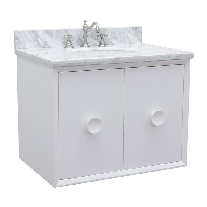 Bellaterra Home Stora 31" 2-Door 1-Drawer White Wall-Mount Vanity Set With Ceramic Undermount Oval Sink and White Carrara Marble Top - Luxe Vanity & Tub