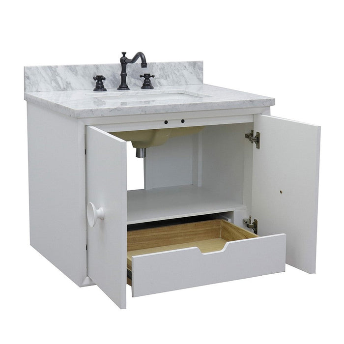 Bellaterra Home Stora 31" 2-Door 1-Drawer White Wall-Mount Vanity Set With Ceramic Undermount Rectangular Sink and White Carrara Marble Top - Luxe Vanity & Tub