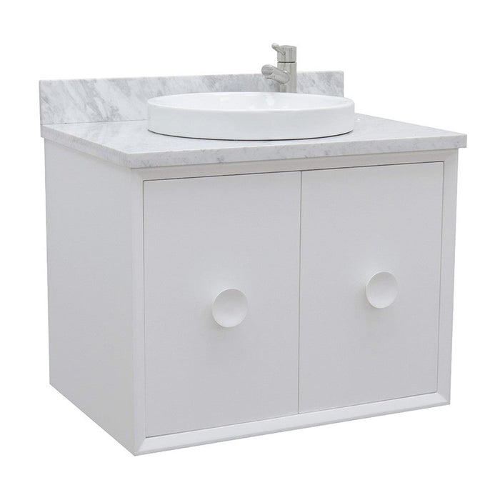 Bellaterra Home Stora 31" 2-Door 1-Drawer White Wall-Mount Vanity Set With Ceramic Vessel Sink and White Carrara Marble Top - Luxe Vanity & Tub